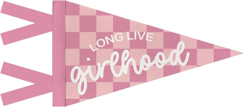 JXREQ Long Live Girlhood Pennants Banners Flags for Girls Nursery Room Decor, Pink Checkered Preppy Girly Canvas Wall Art Decor for Girls Room Bedroom Dorm Apartment Nursery Toddler, 8x17 Inch - Image 1
